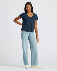 Womens Navy & White Relaxed Slub V-Neck Tee 4-Pack